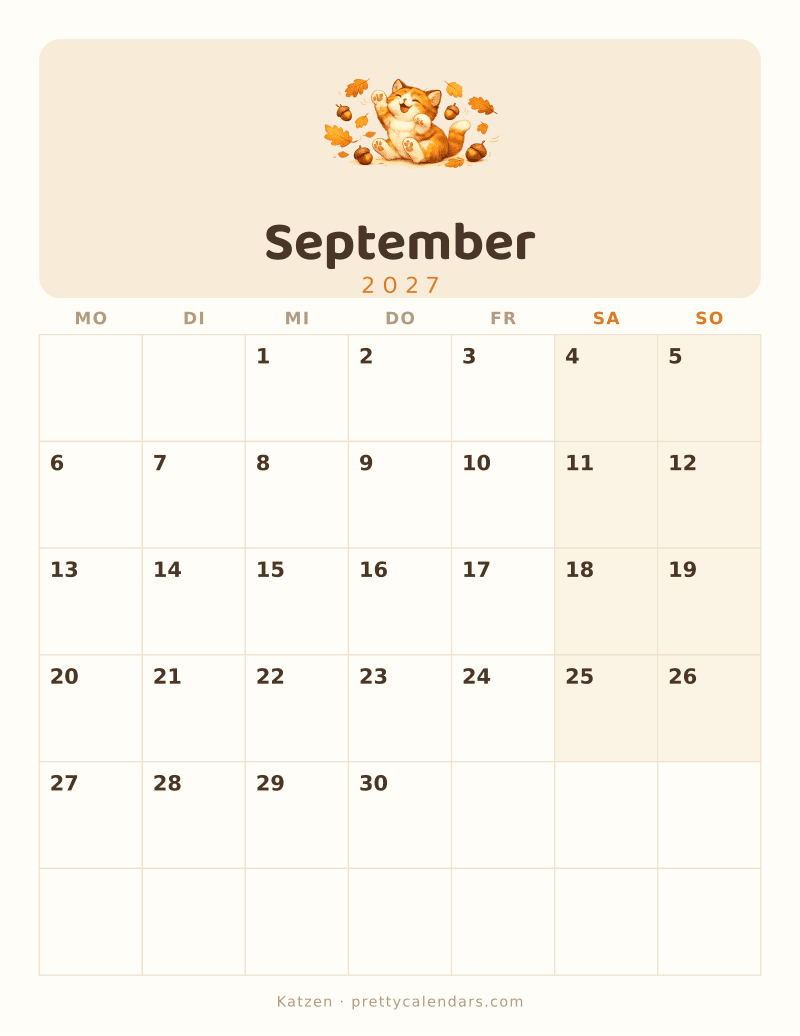 Druckbarer Kalender September 2027, Design Katzen
