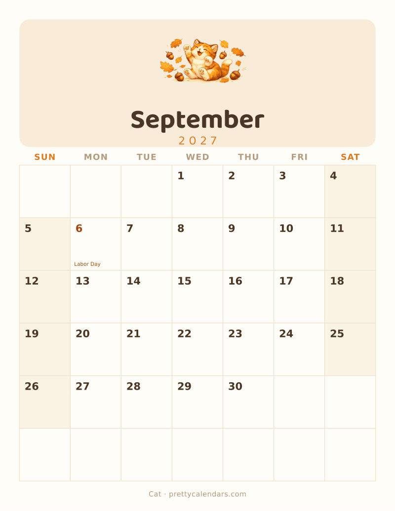 September 2027 printable calendar, Cat style