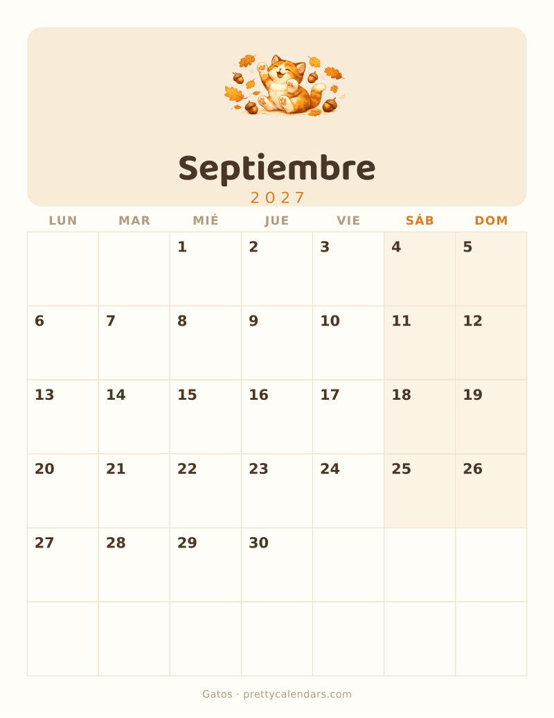 Calendario de Septiembre 2027 para imprimir, estilo Gatos