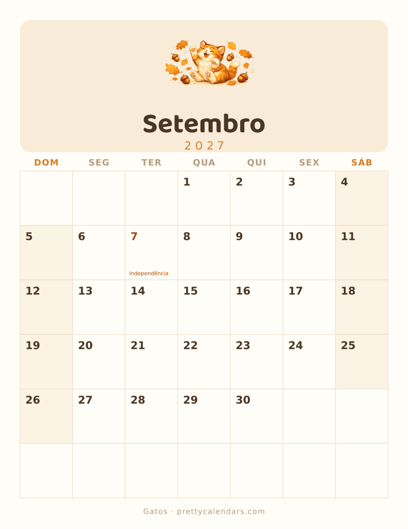 Calendário de Setembro de 2027 para imprimir, estilo Gatos