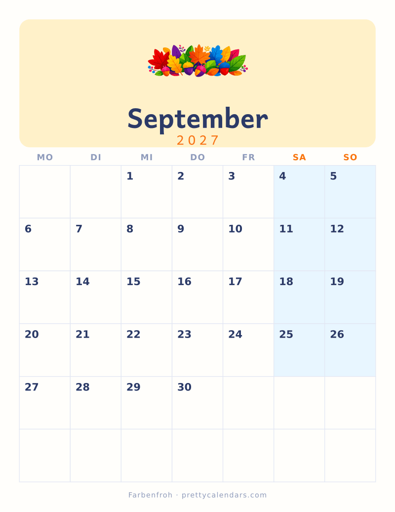 Druckbarer Kalender September 2027, Design Farbenfroh