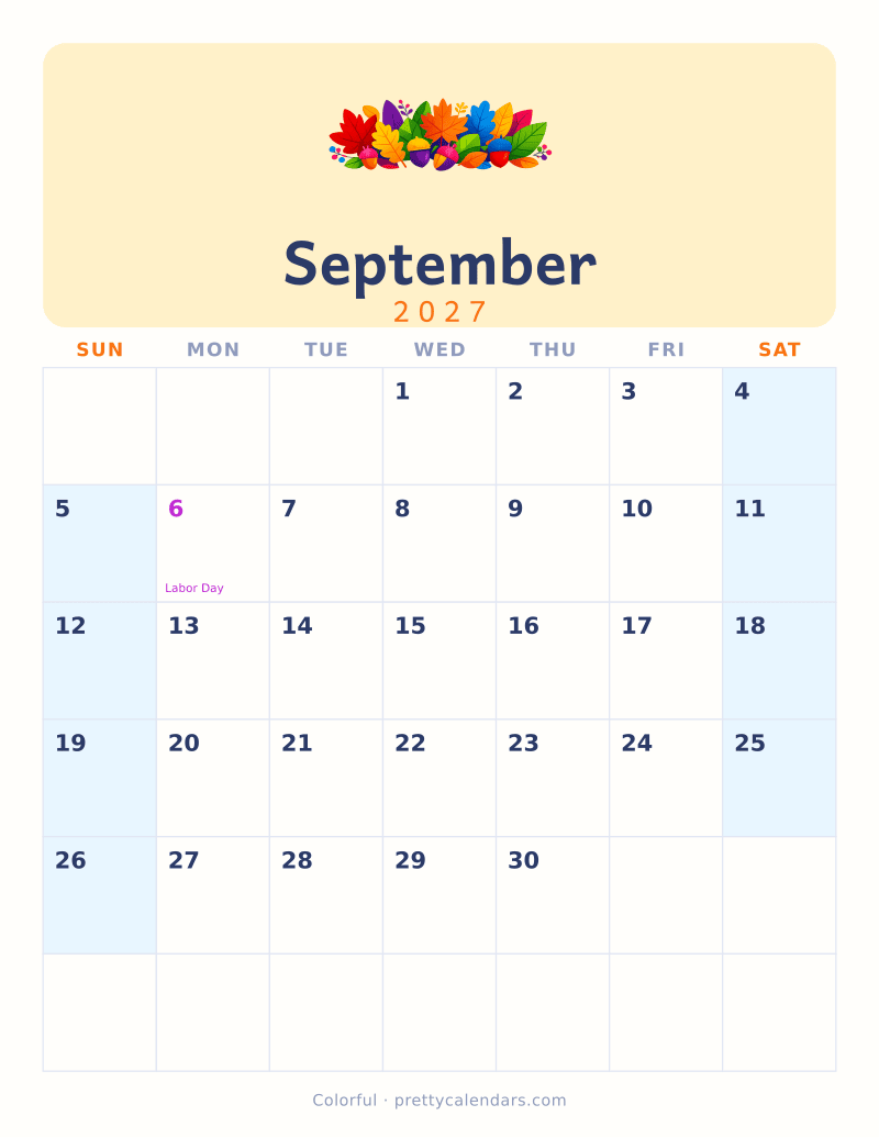 September 2027 printable calendar, Colorful style