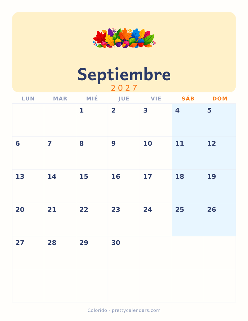 Calendario de Septiembre 2027 para imprimir, estilo Colorido