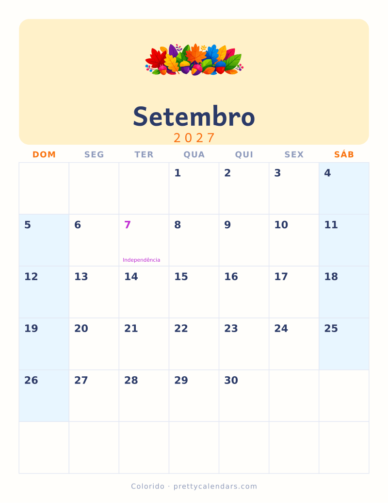 Calendário de Setembro de 2027 para imprimir, estilo Colorido