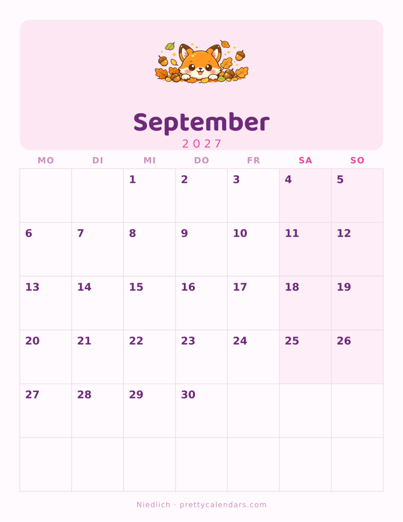 Druckbarer Kalender September 2027, Design Niedlich