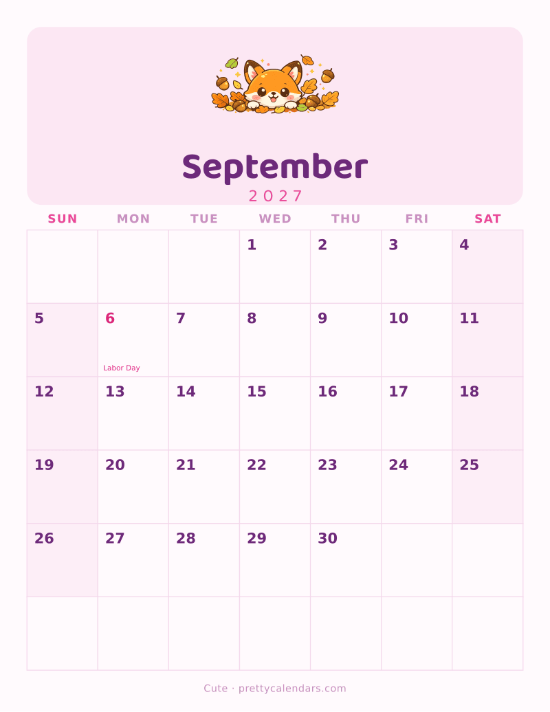 September 2027 printable calendar, Cute style