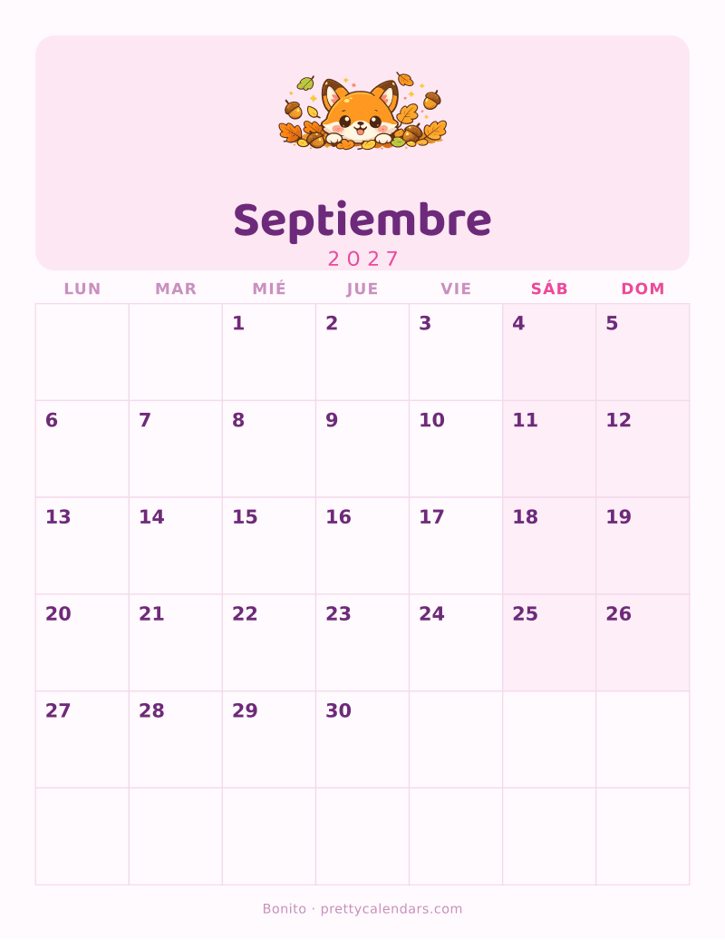 Calendario de Septiembre 2027 para imprimir, estilo Bonito