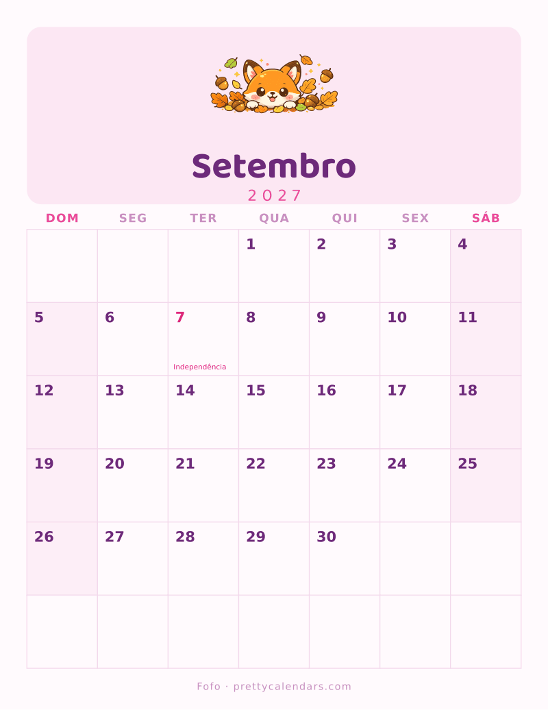 Calendário de Setembro de 2027 para imprimir, estilo Fofo