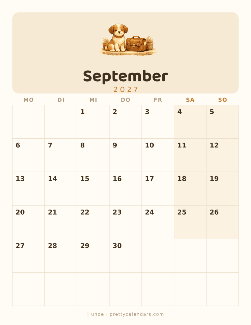 Druckbarer Kalender September 2027, Design Hunde