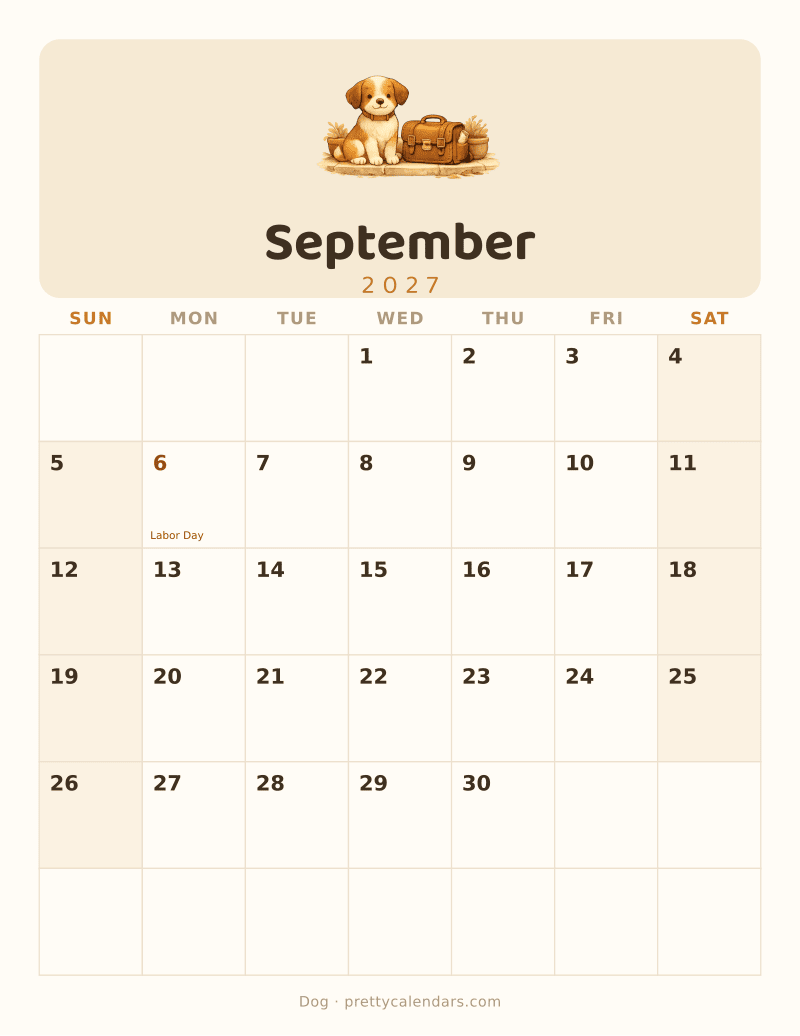 September 2027 printable calendar, Dog style