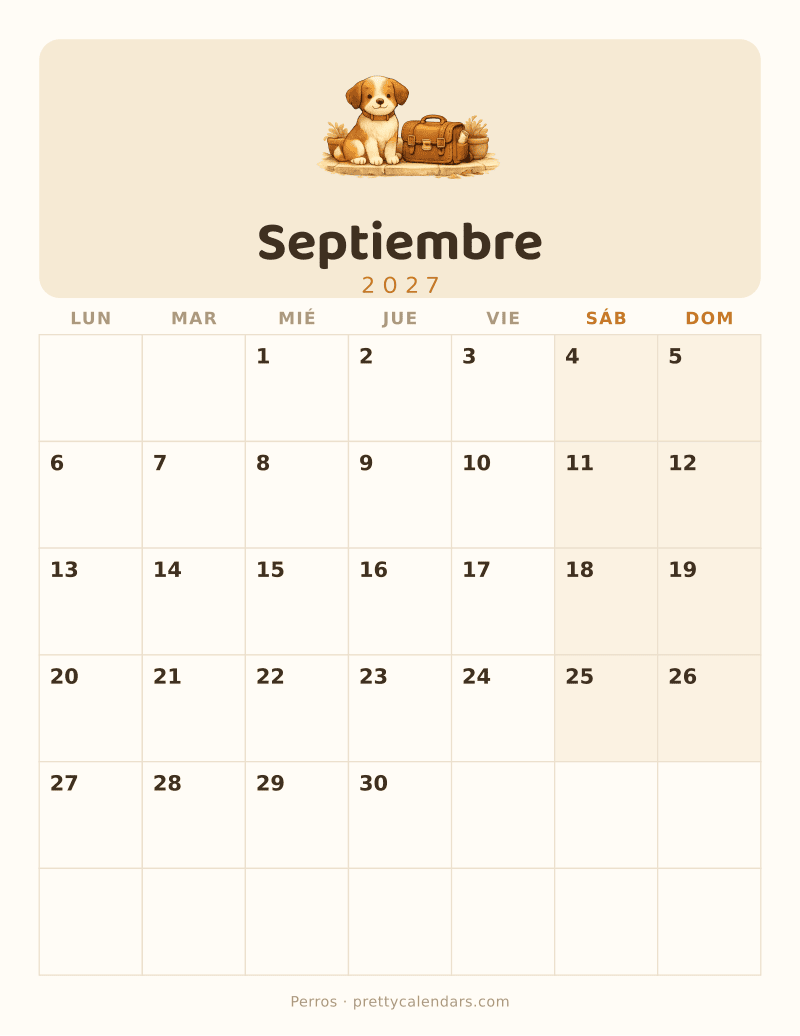 Calendario de Septiembre 2027 para imprimir, estilo Perros