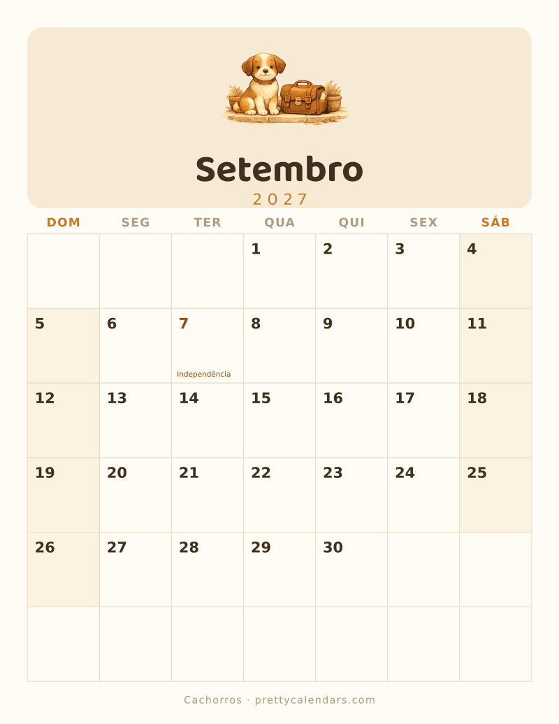Calendário de Setembro de 2027 para imprimir, estilo Cachorros
