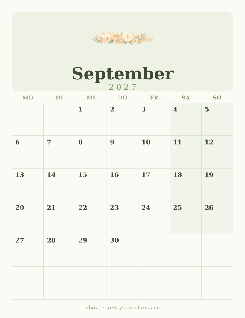 Druckbarer Kalender September 2027, Design Floral