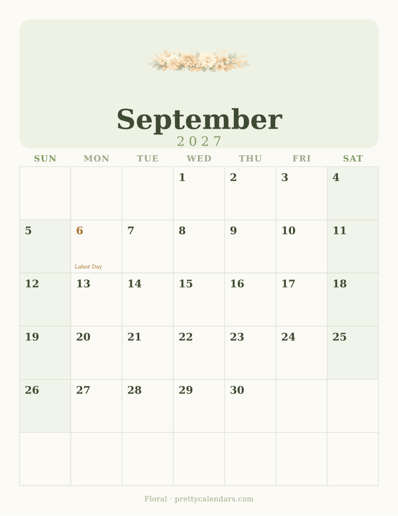September 2027 printable calendar, Floral style