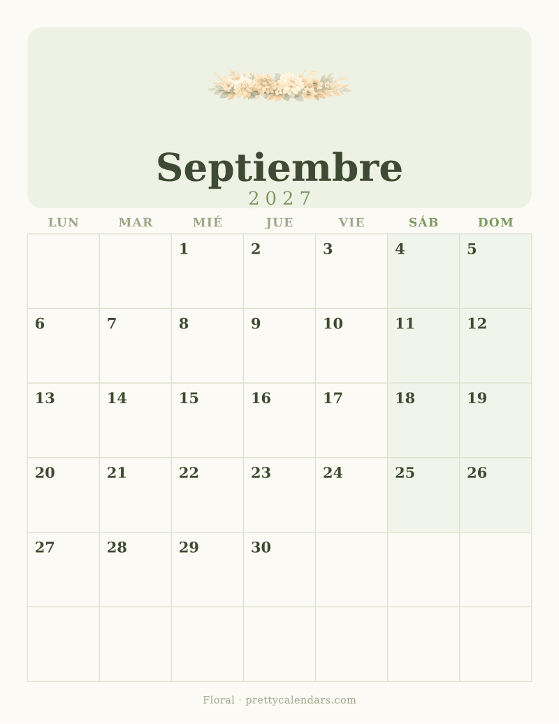 Calendario de Septiembre 2027 para imprimir, estilo Floral