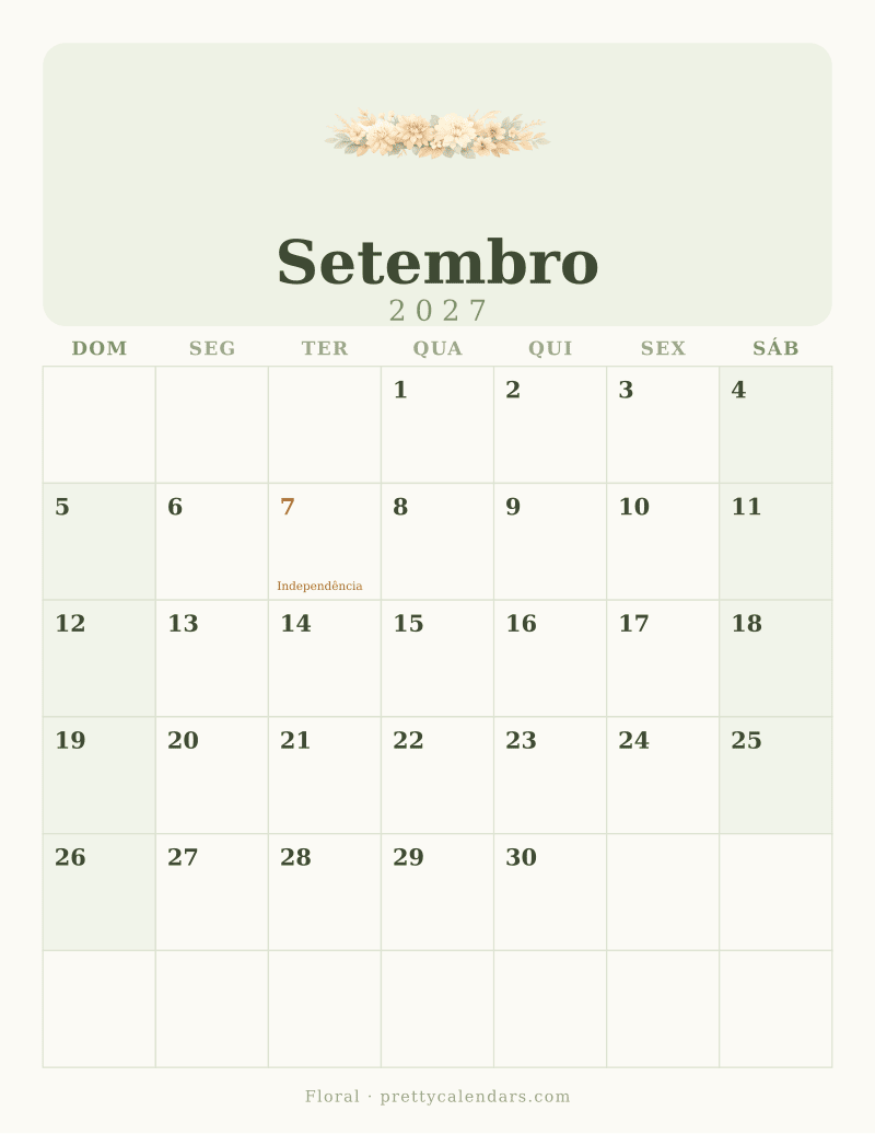 Calendário de Setembro de 2027 para imprimir, estilo Floral