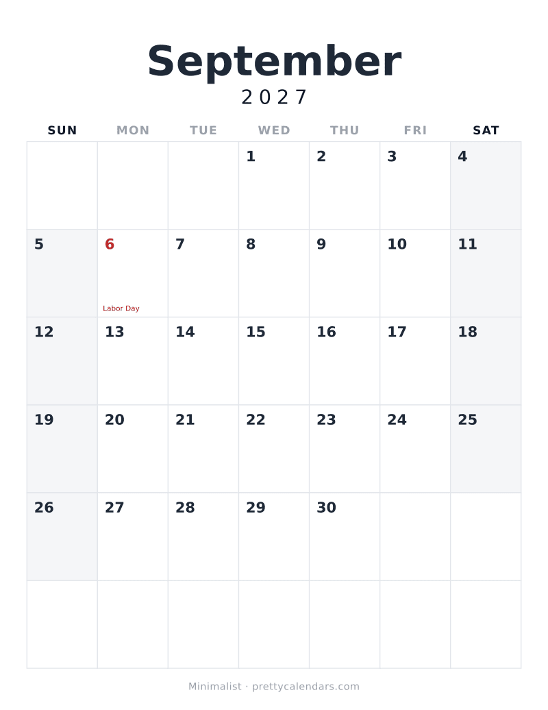 September 2027 printable calendar, Minimalist style