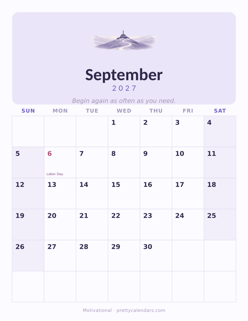September 2027 printable calendar, Motivational style