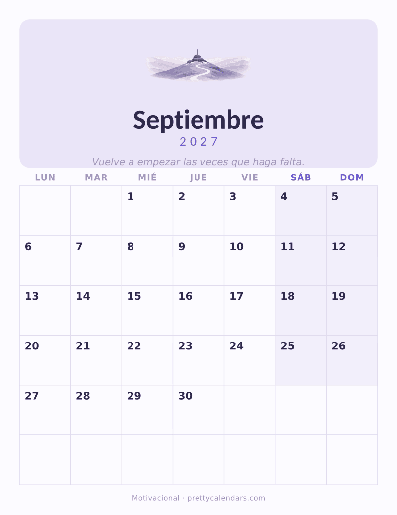 Calendario de Septiembre 2027 para imprimir, estilo Motivacional