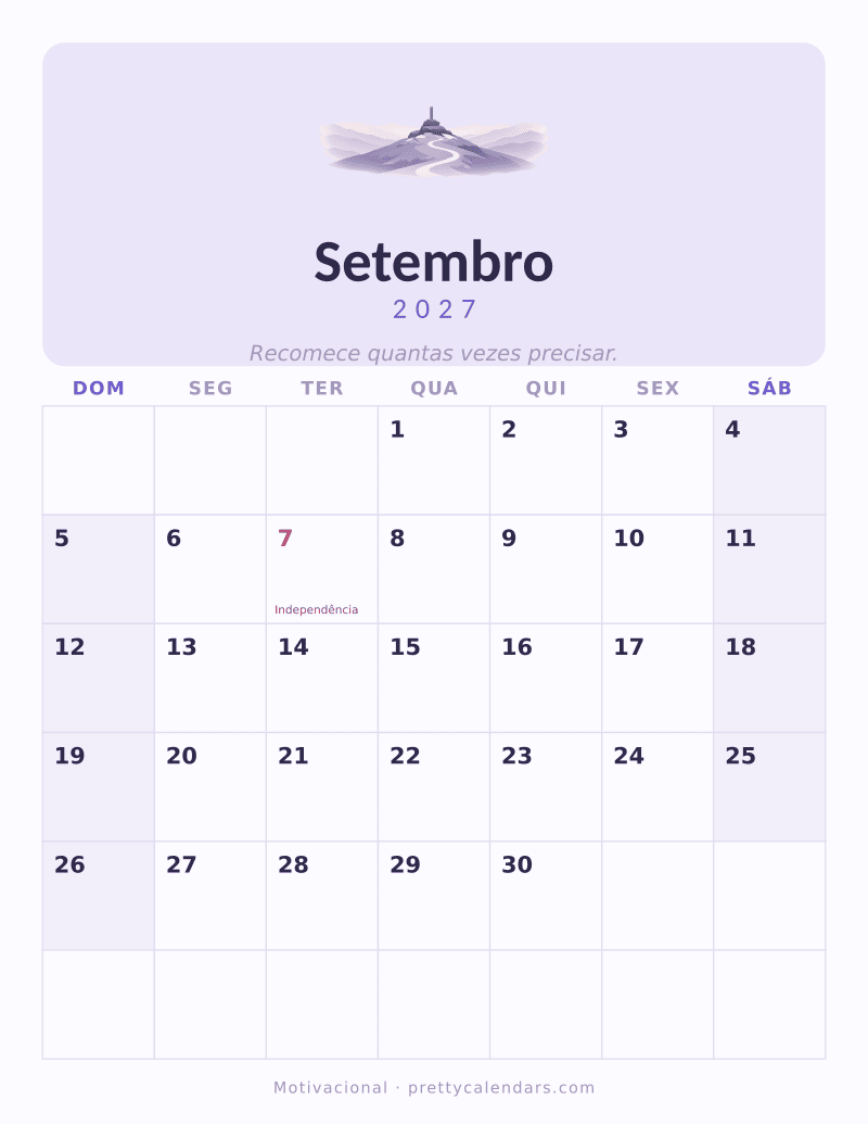 Calendário de Setembro de 2027 para imprimir, estilo Motivacional