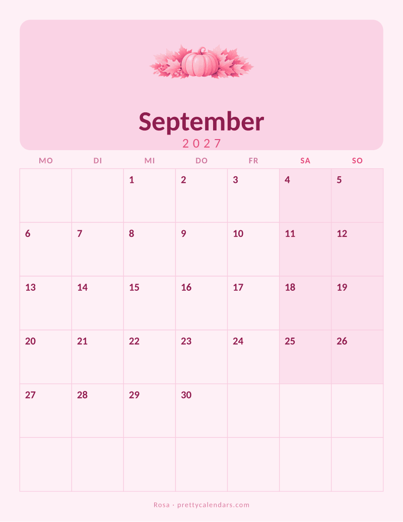 Druckbarer Kalender September 2027, Design Rosa