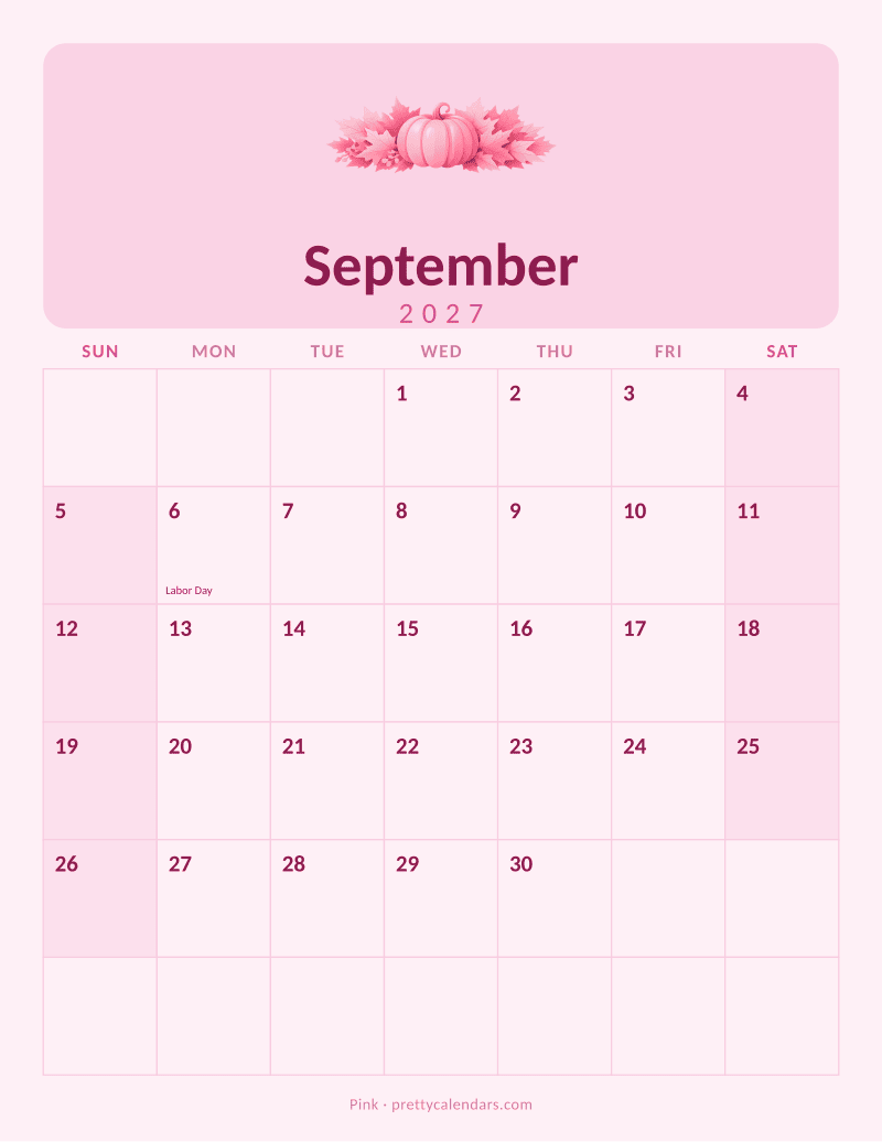September 2027 printable calendar, Pink style