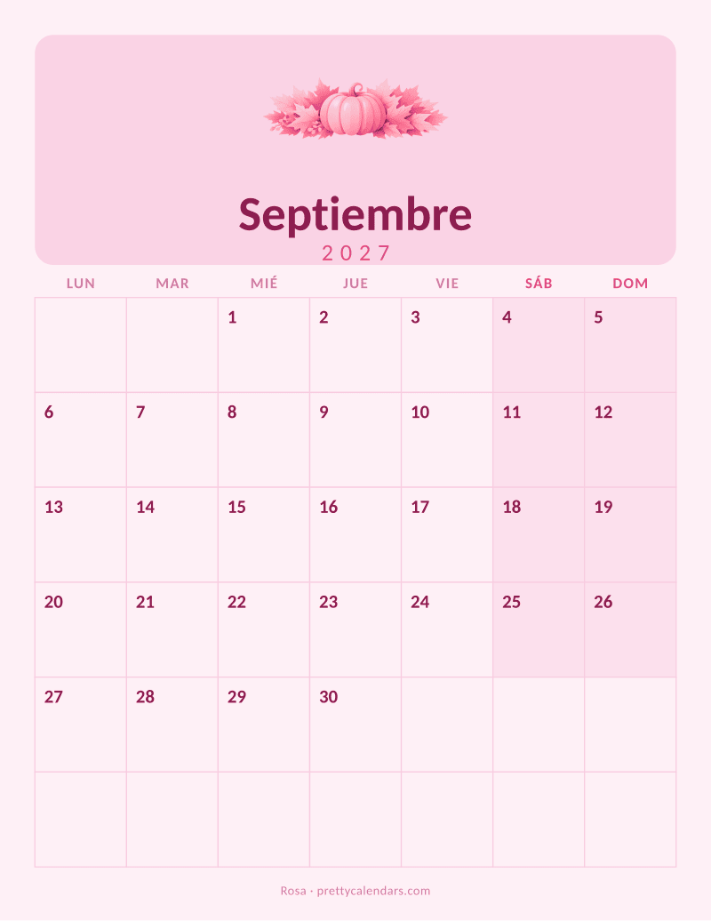 Calendario de Septiembre 2027 para imprimir, estilo Rosa