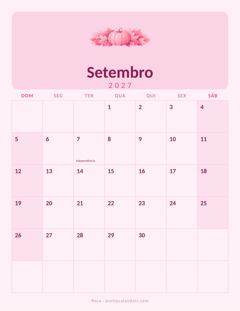 Calendário de Setembro de 2027 para imprimir, estilo Rosa