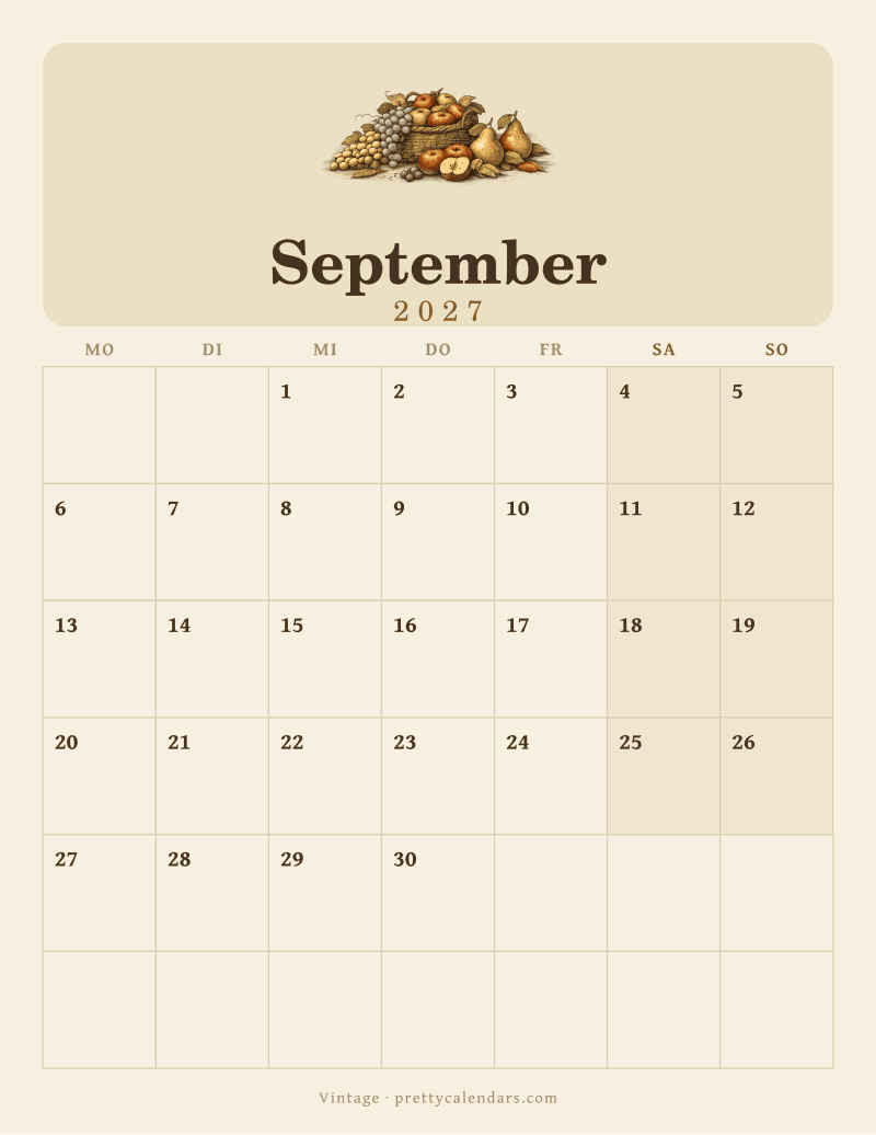 Druckbarer Kalender September 2027, Design Vintage