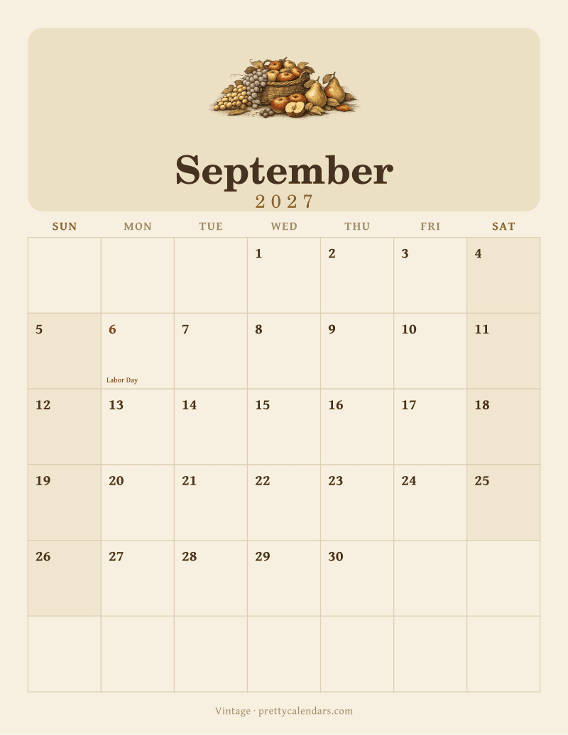 September 2027 printable calendar, Vintage style