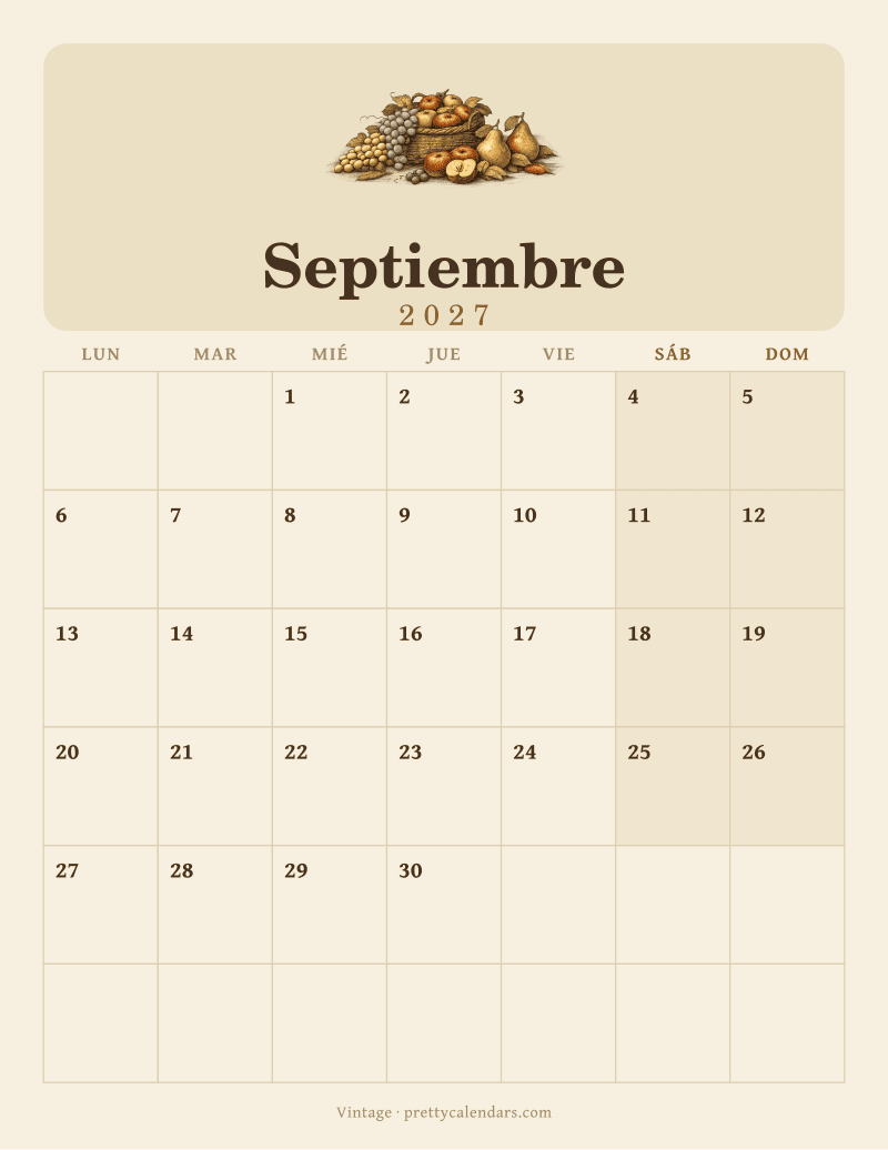 Calendario de Septiembre 2027 para imprimir, estilo Vintage