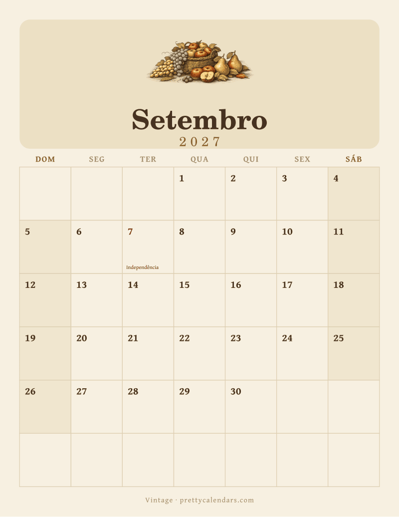 Calendário de Setembro de 2027 para imprimir, estilo Vintage