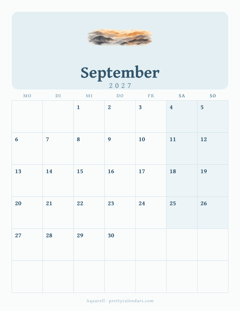 Druckbarer Kalender September 2027, Design Aquarell