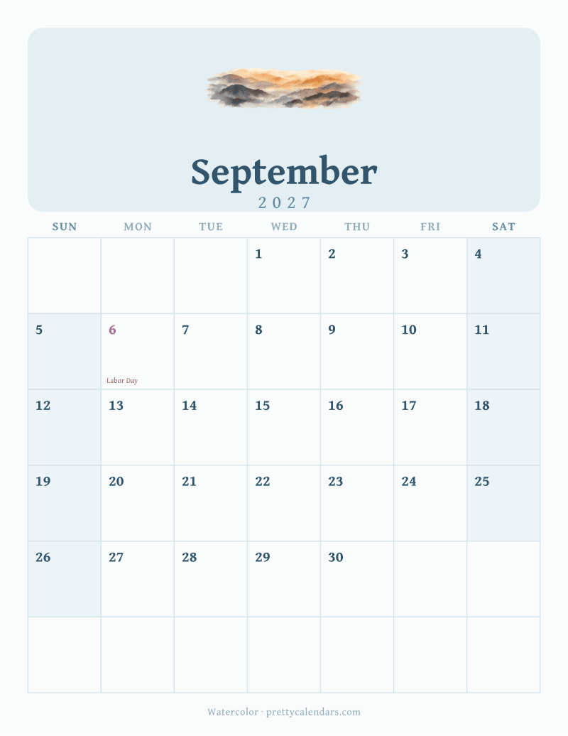 September 2027 printable calendar, Watercolor style