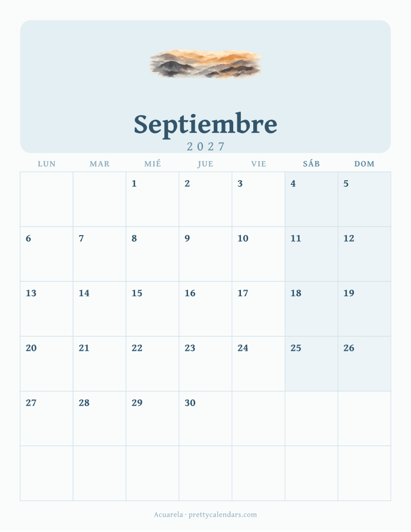 Calendario de Septiembre 2027 para imprimir, estilo Acuarela