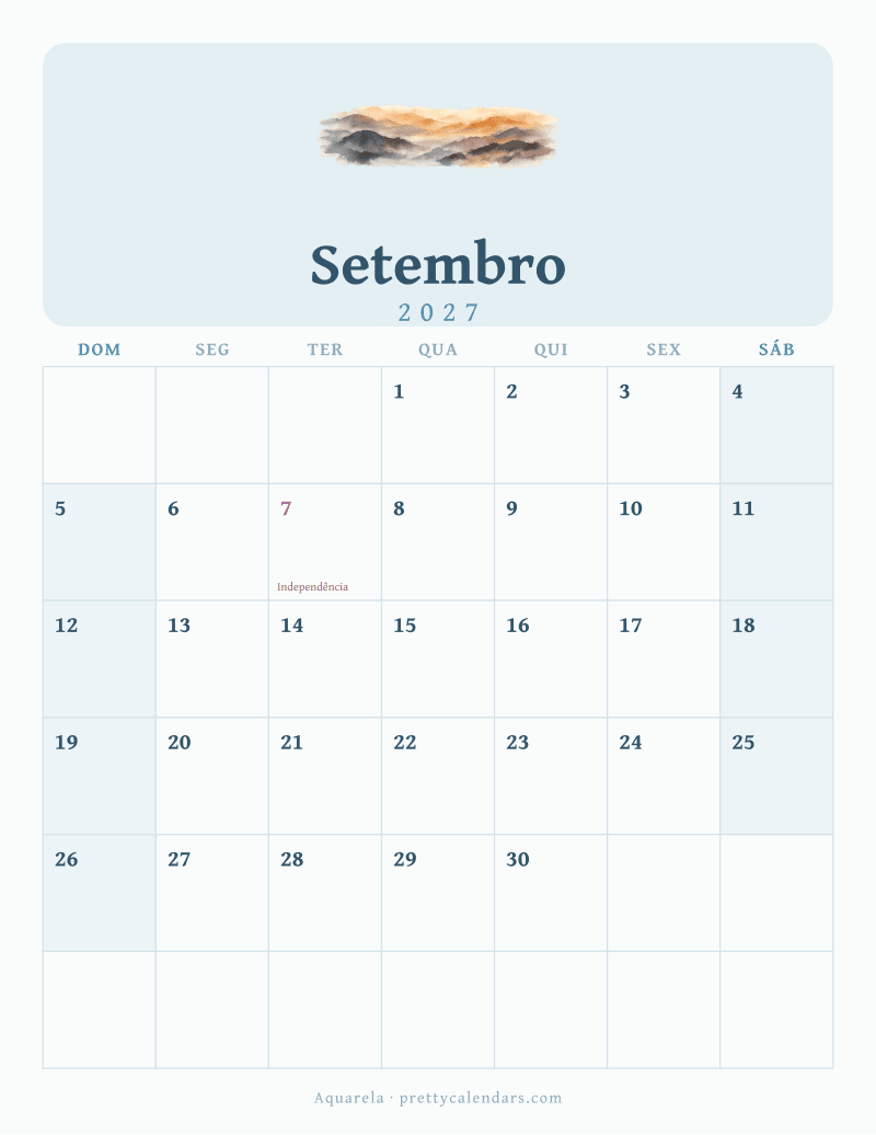 Calendário de Setembro de 2027 para imprimir, estilo Aquarela