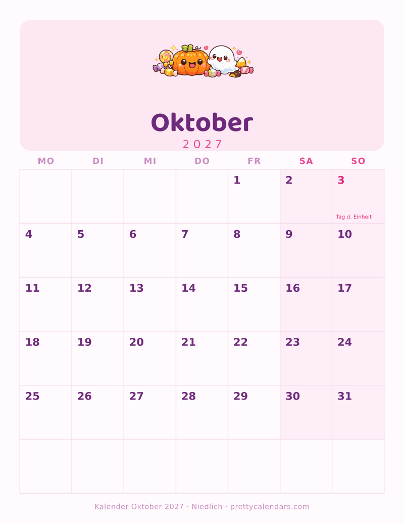 Druckbarer Kalender Oktober 2027 mit nächstem Monat, Design Niedlich