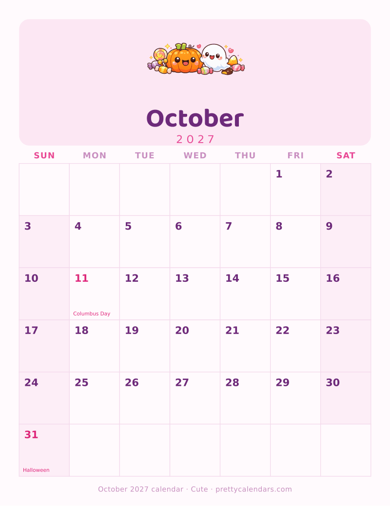 Printable October 2027 calendar with the dates and holidays already filled in, Cute style