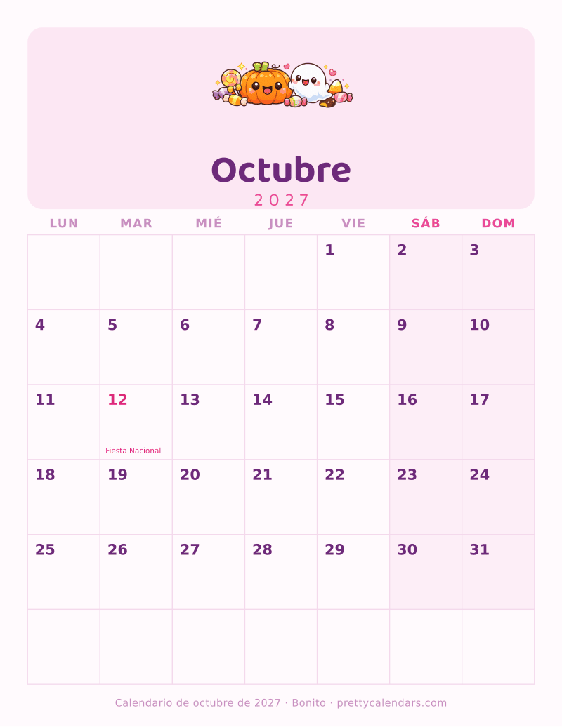 Calendario de Octubre 2027 para imprimir con las fechas y los festivos ya puestos, estilo Bonito