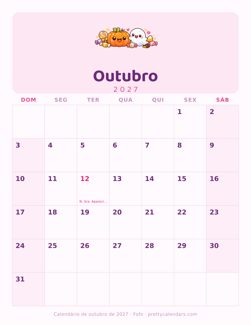Calendário de Outubro de 2027 para imprimir com mês seguinte, estilo Fofo