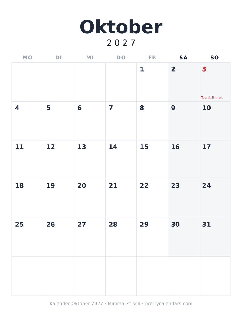 Druckbarer Kalender Oktober 2027 mit nächstem Monat, Design Minimalistisch