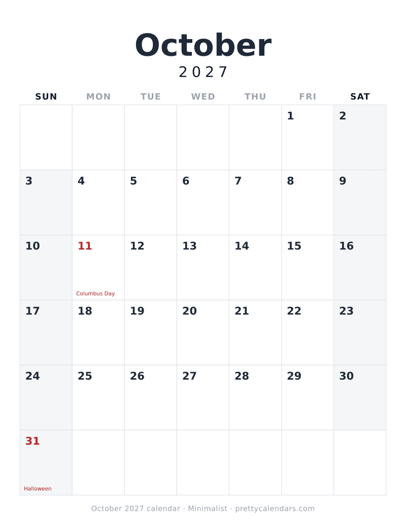 Printable October 2027 calendar with the dates and holidays already filled in, Minimalist style