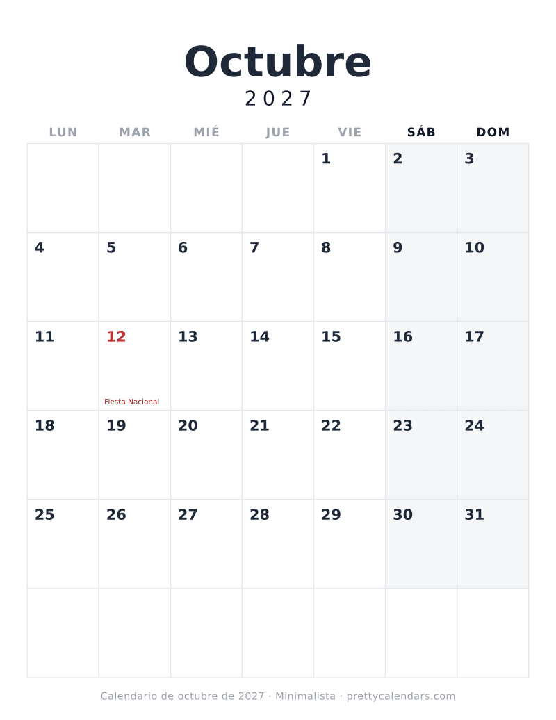 Calendario de Octubre 2027 para imprimir con las fechas y los festivos ya puestos, estilo Minimalista