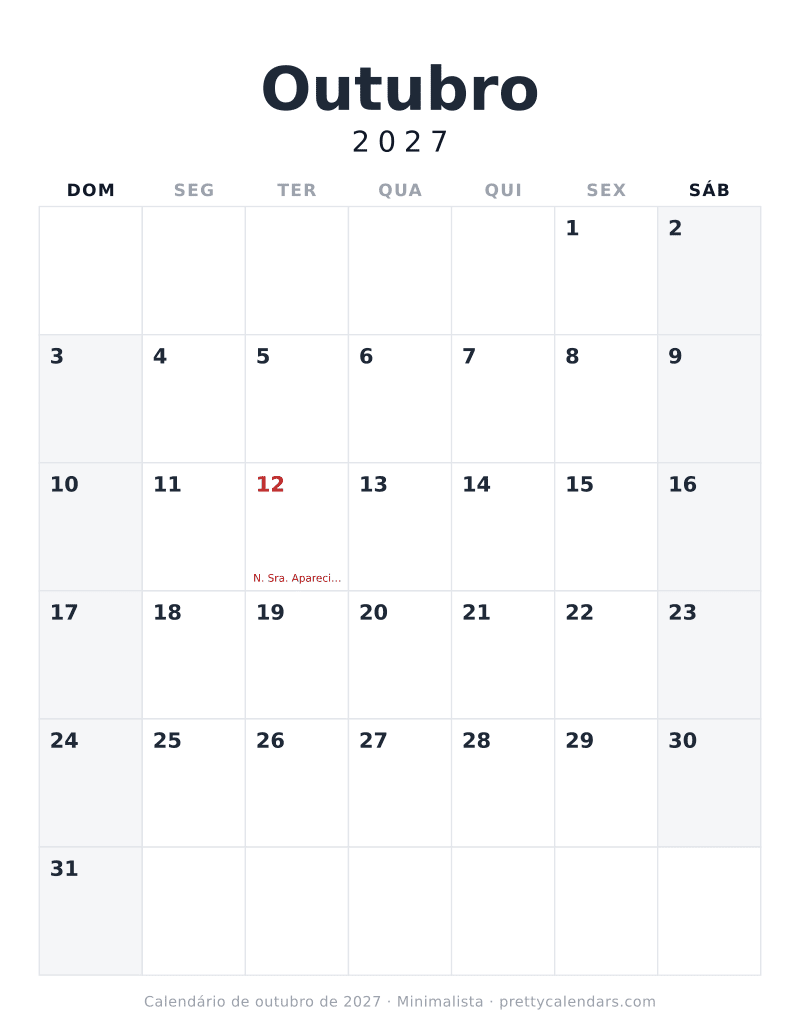 Calendário de Outubro de 2027 para imprimir com mês seguinte, estilo Minimalista