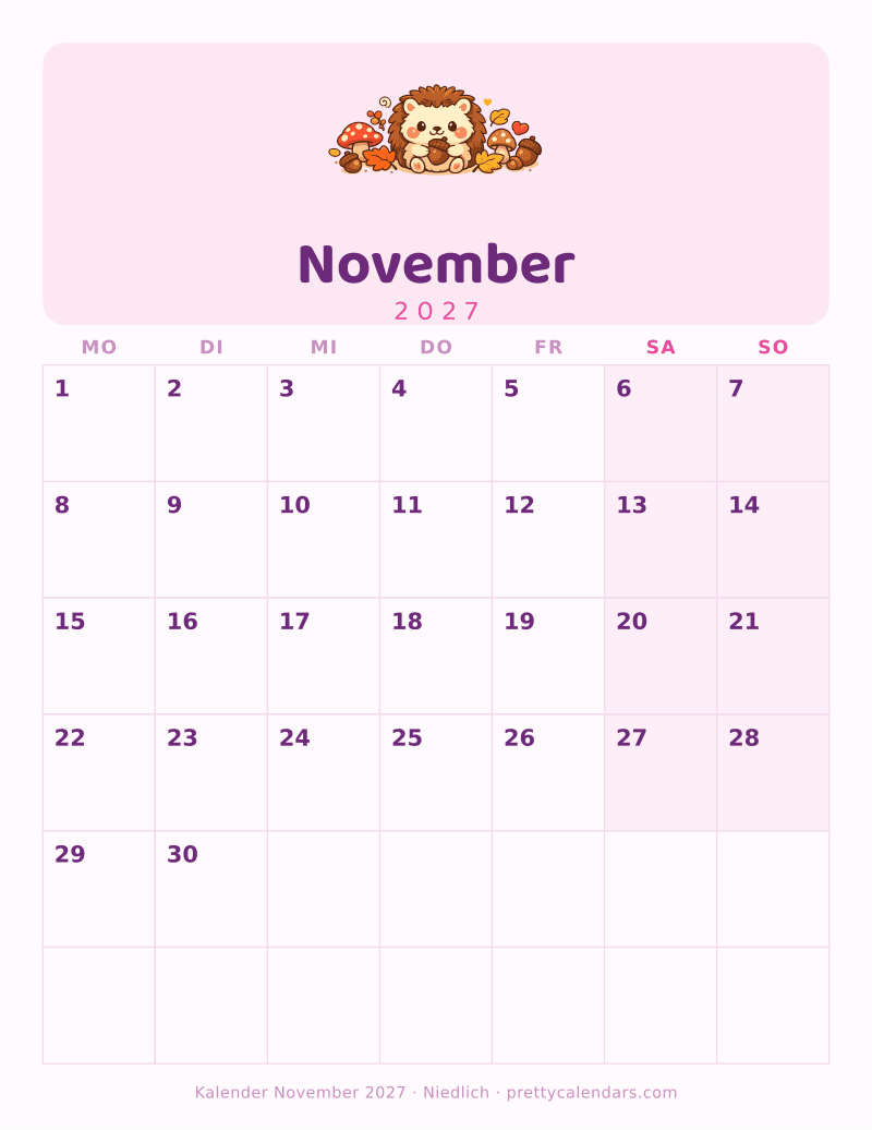 Druckbarer Kalender November 2027 mit nächstem Monat, Design Niedlich