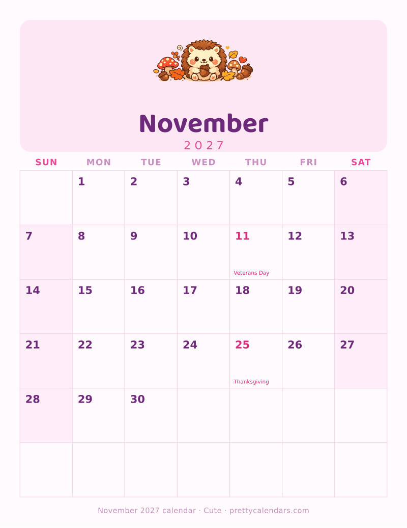 Printable November 2027 calendar with the dates and holidays already filled in, Cute style