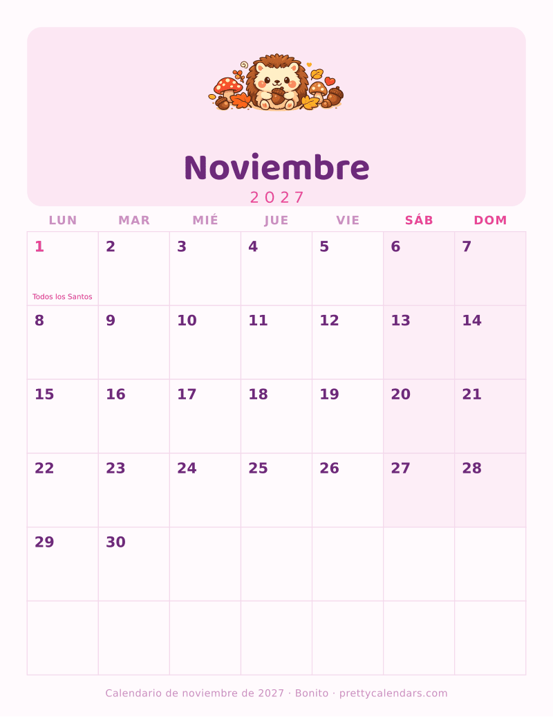 Calendario de Noviembre 2027 para imprimir con las fechas y los festivos ya puestos, estilo Bonito