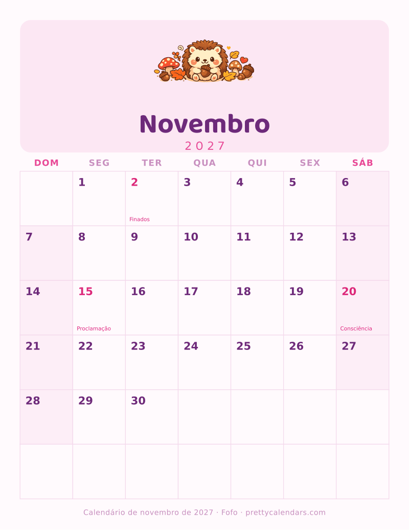Calendário de Novembro de 2027 para imprimir com mês seguinte, estilo Fofo