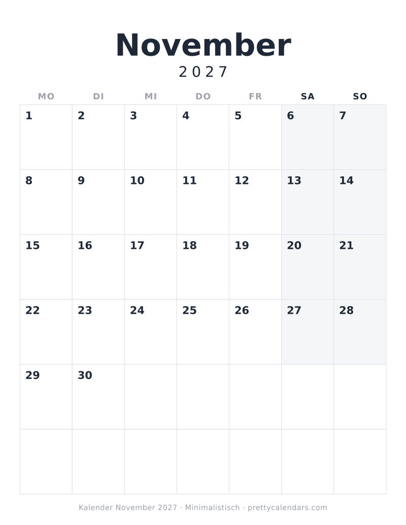 Druckbarer Kalender November 2027 mit nächstem Monat, Design Minimalistisch