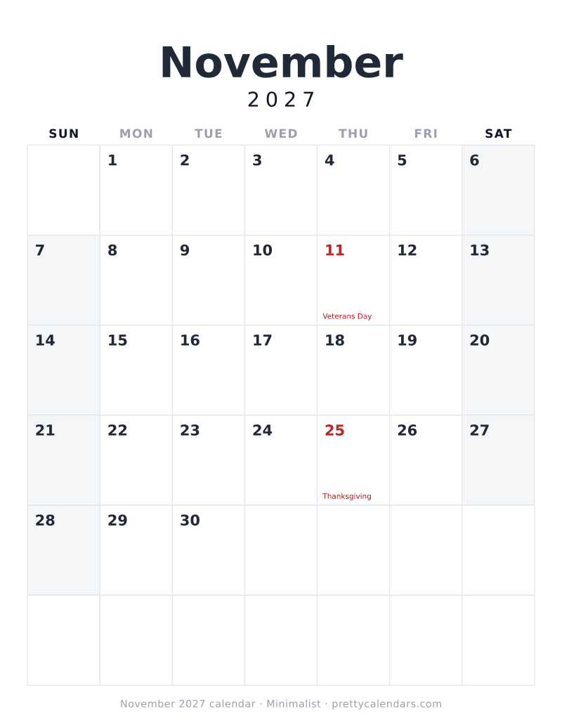 Printable November 2027 calendar with the dates and holidays already filled in, Minimalist style